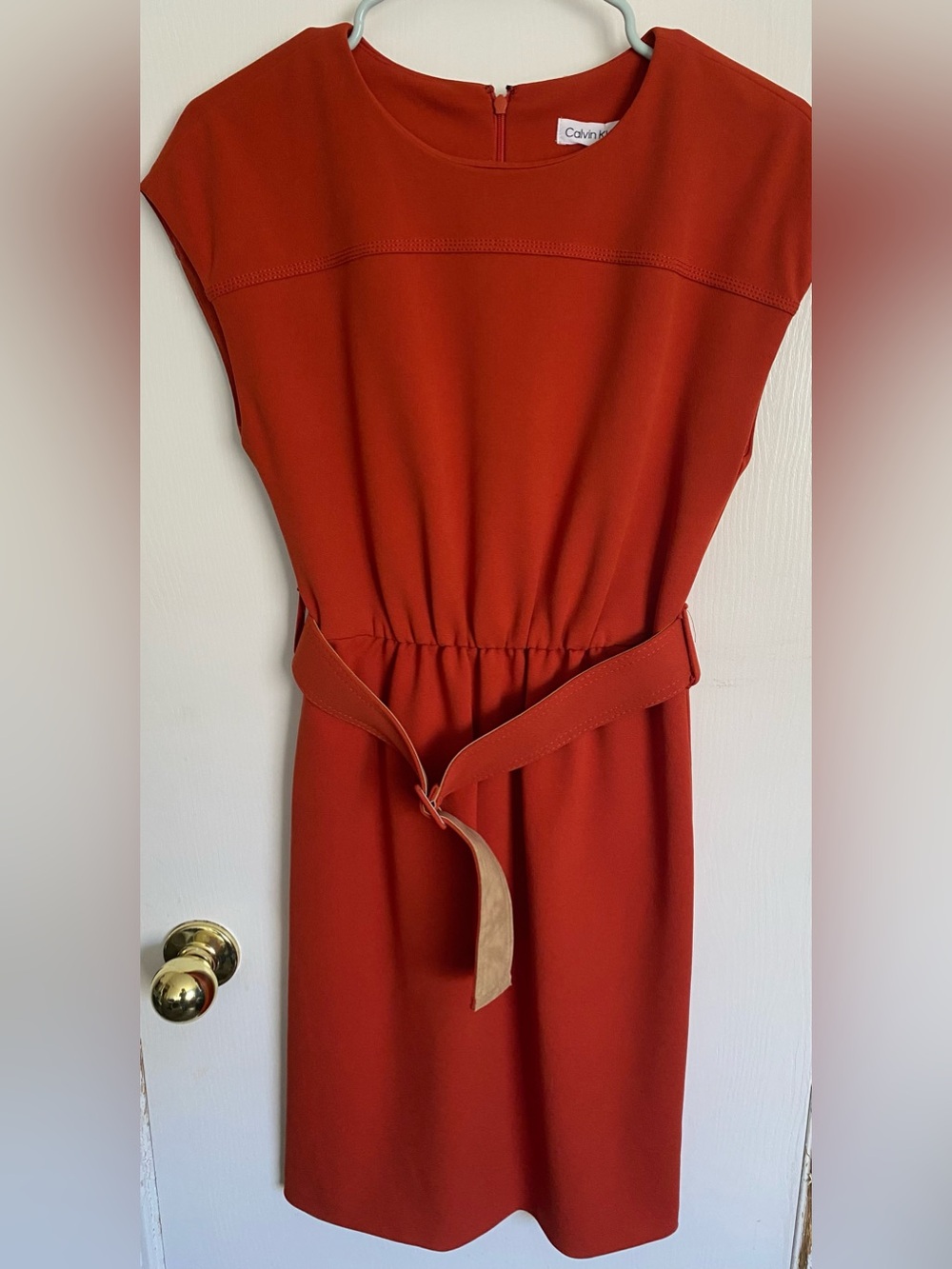 Calvin Klein Rust Orange Belted Cap Sleeve Crepe Sheath Dress Corporate